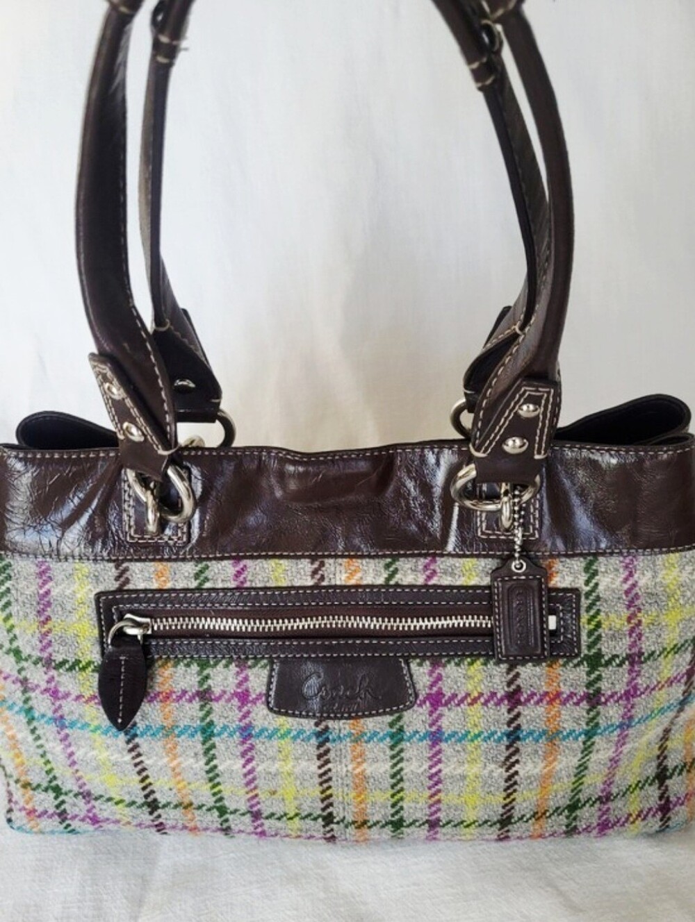 Coach Penelope Tattersall Plaid Wool Tweed Patent Leather Tote Bag F15456